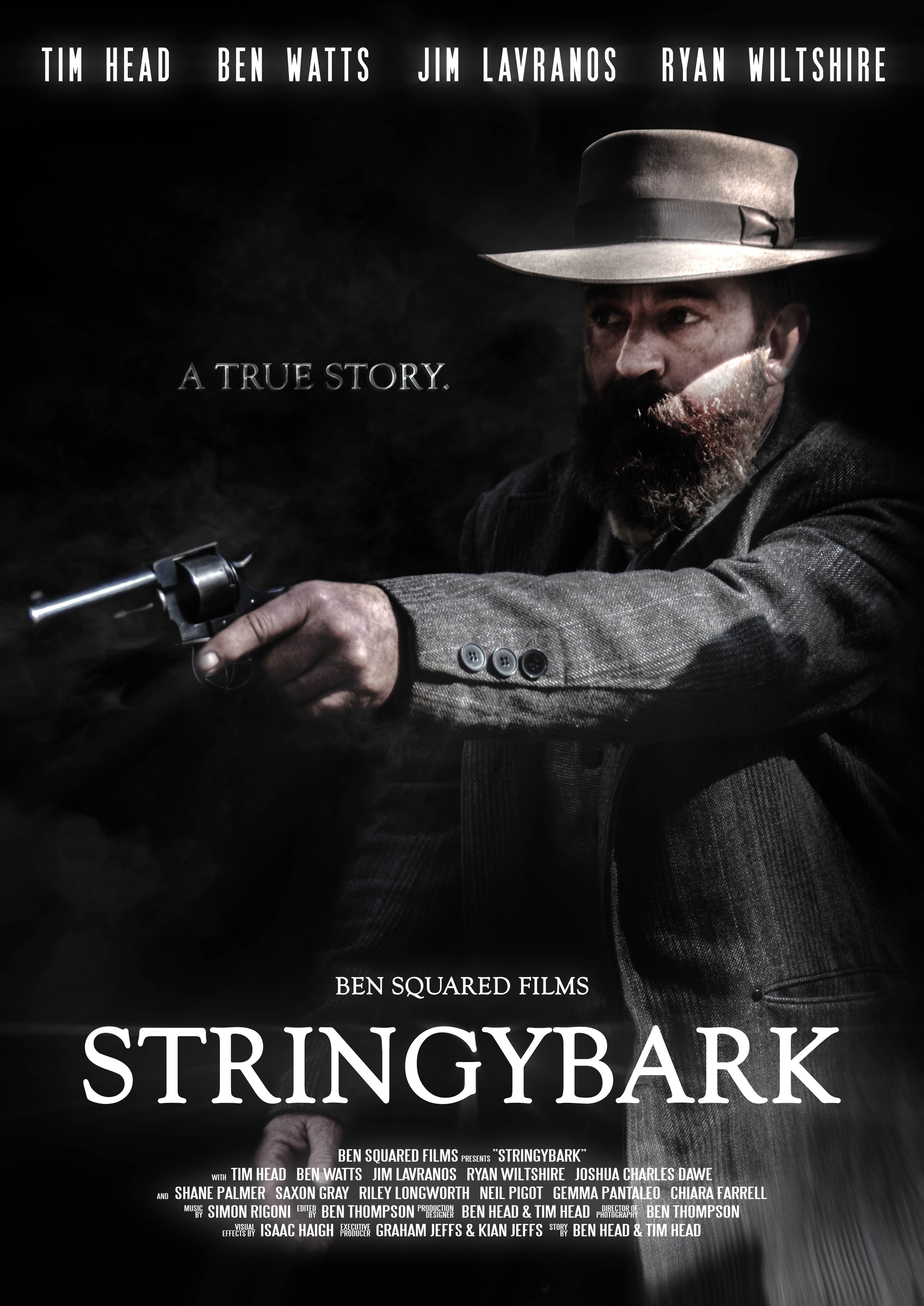 Movie poster for "Stringybark" featuring a man with a beard wearing a fedora hat and a brown jacket, pointing a revolver. The poster has a dark background with white text listing the cast and crew, and the tagline "A true story."
