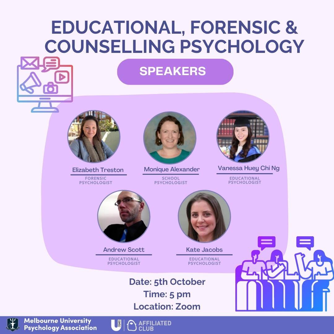 Hey Muppets!! As Psychology Careers Week approaches, it's time to get acquainted with the speakers for the Educational, Forensic and Counselling Psychology Session! 

These five amazing speakers will tell you everything you need to know about these P