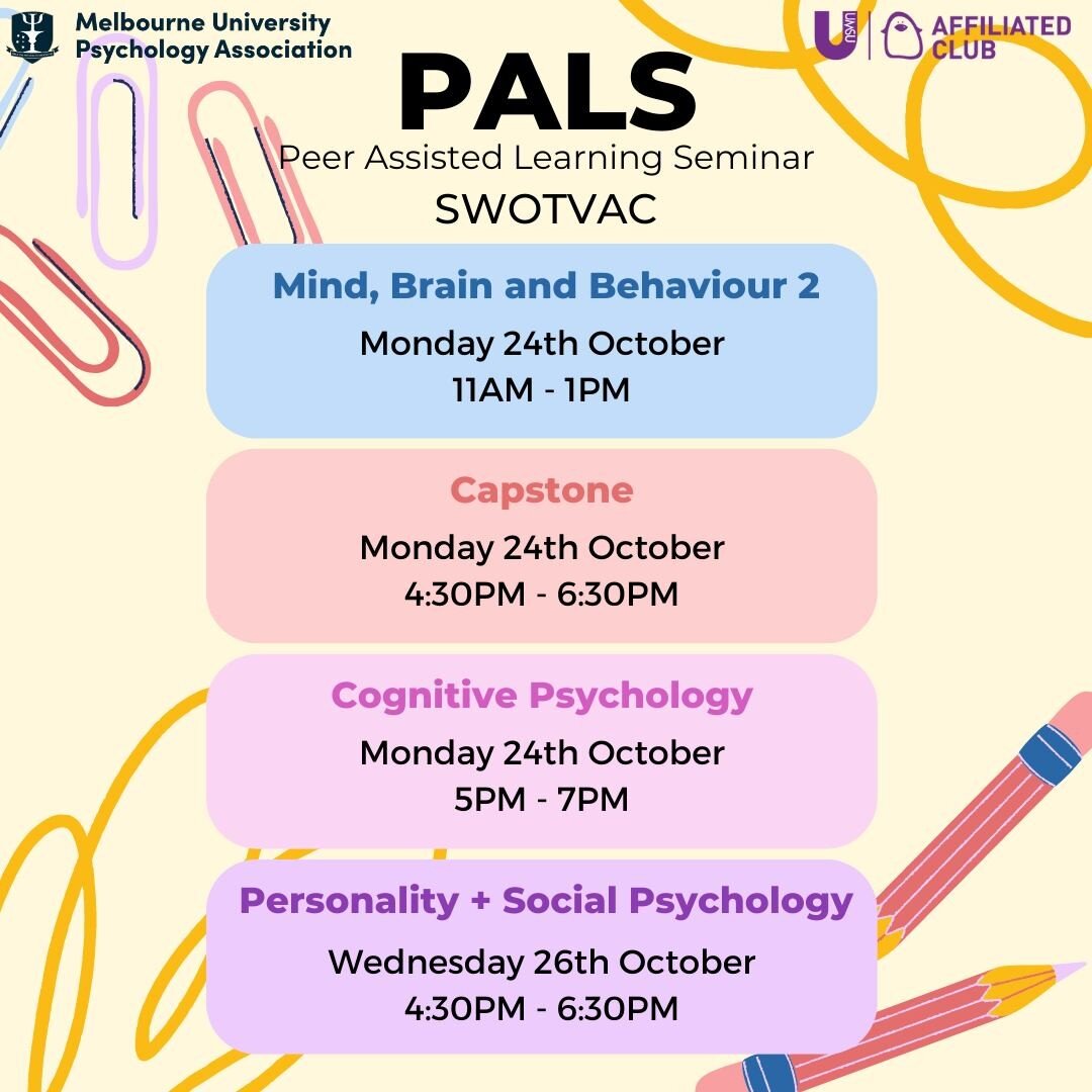 Exams are rapidly approaching and SWOTVAC is nearly upon us... which means it's time for PALS! 📚 These Peer Assisted Learning Seminars are a great opportunity to revise for our psychology exams and have some support from our fellow peers during this