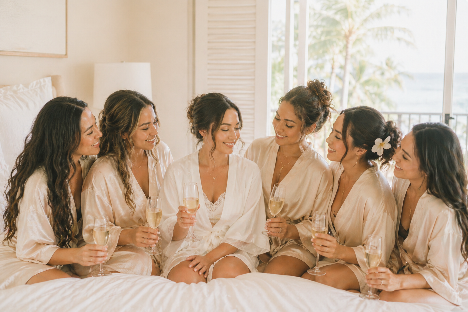 Bridal party enjoying a luxury group IV hydration therapy experience in a relaxing resort setting.