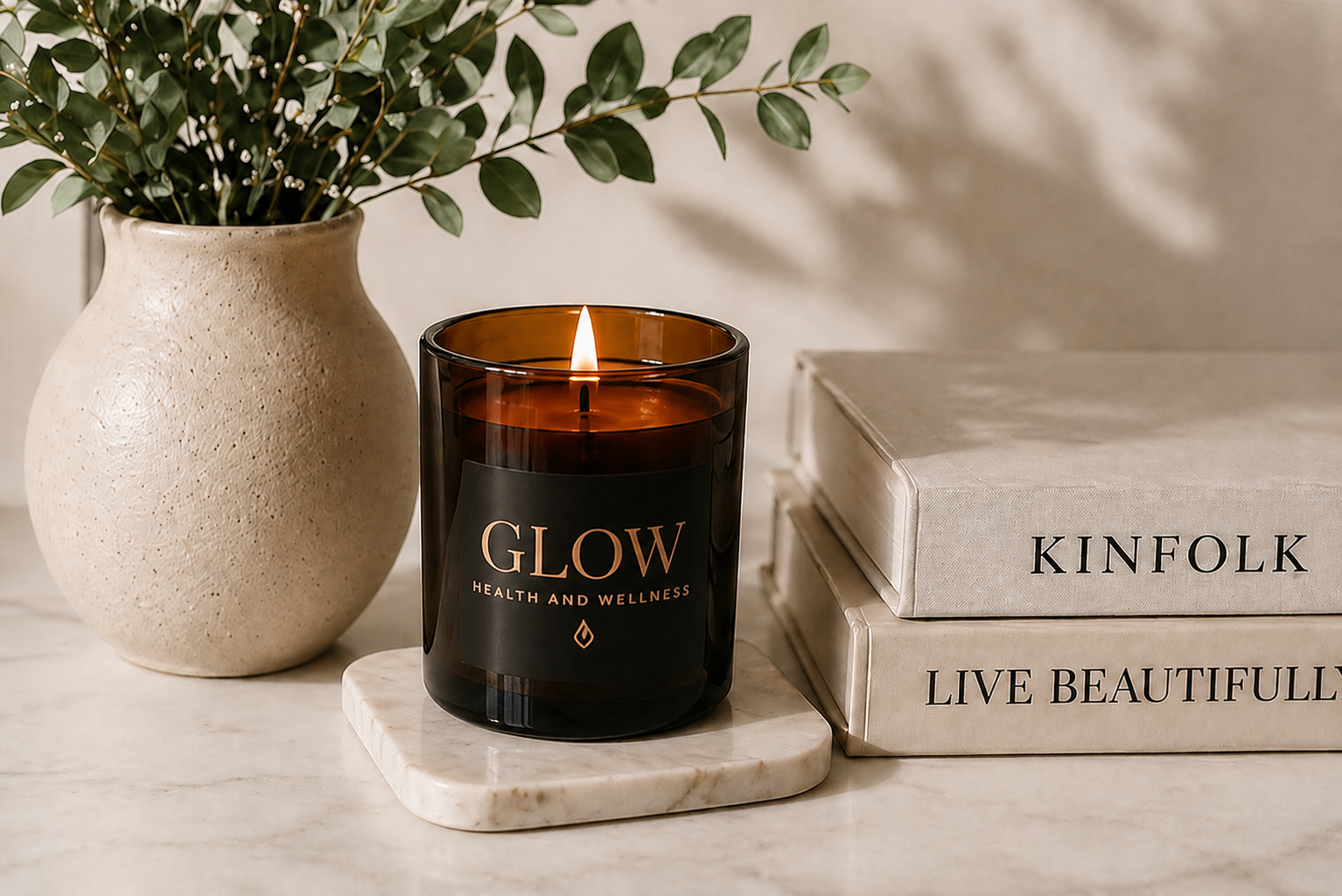 Lit Glow Health and Wellness candle displayed beside decorative books and greenery in a calming wellness space.