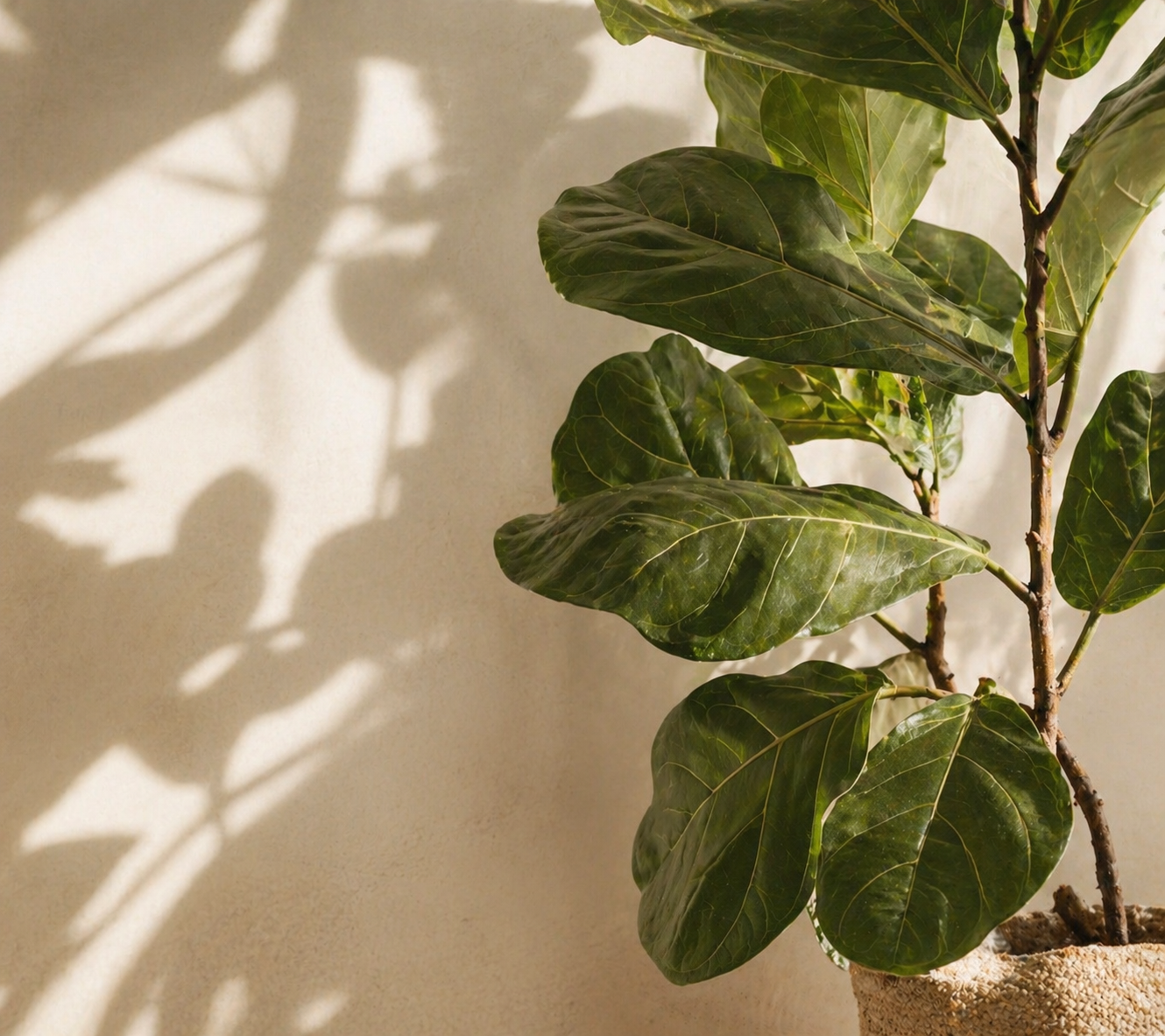 A potted green leafy plant with shadows cast on a beige wall.