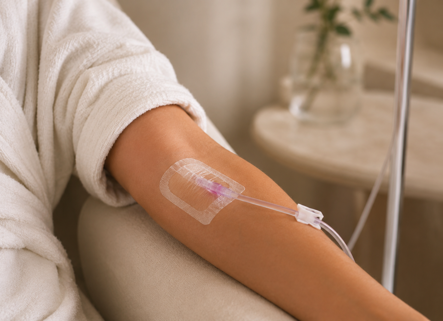 Client receiving IV hydration therapy with a comfortable arm IV at Glow Health and Wellness