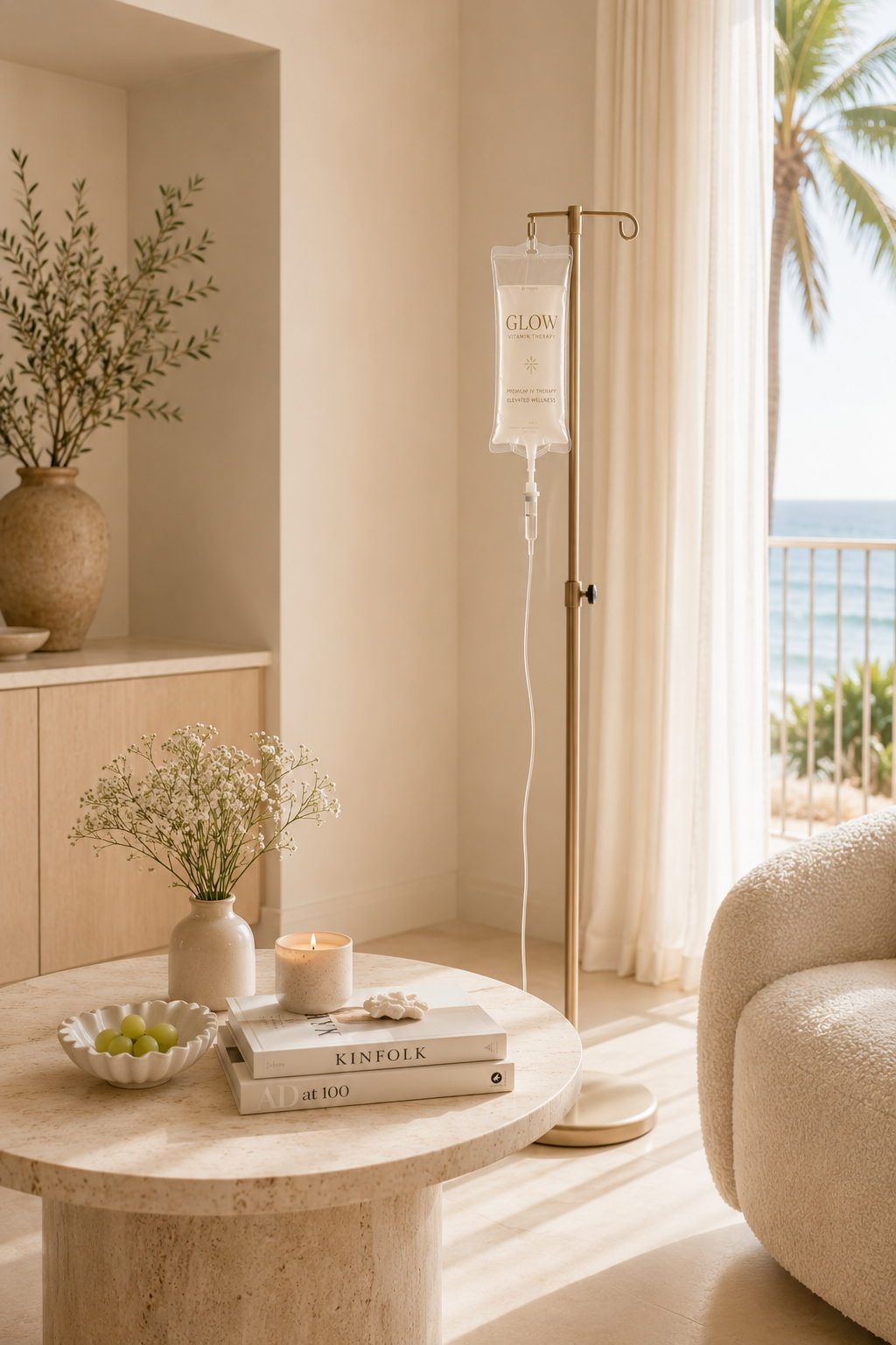 Mobile IV hydration therapy setup in a luxury home overlooking the ocean.