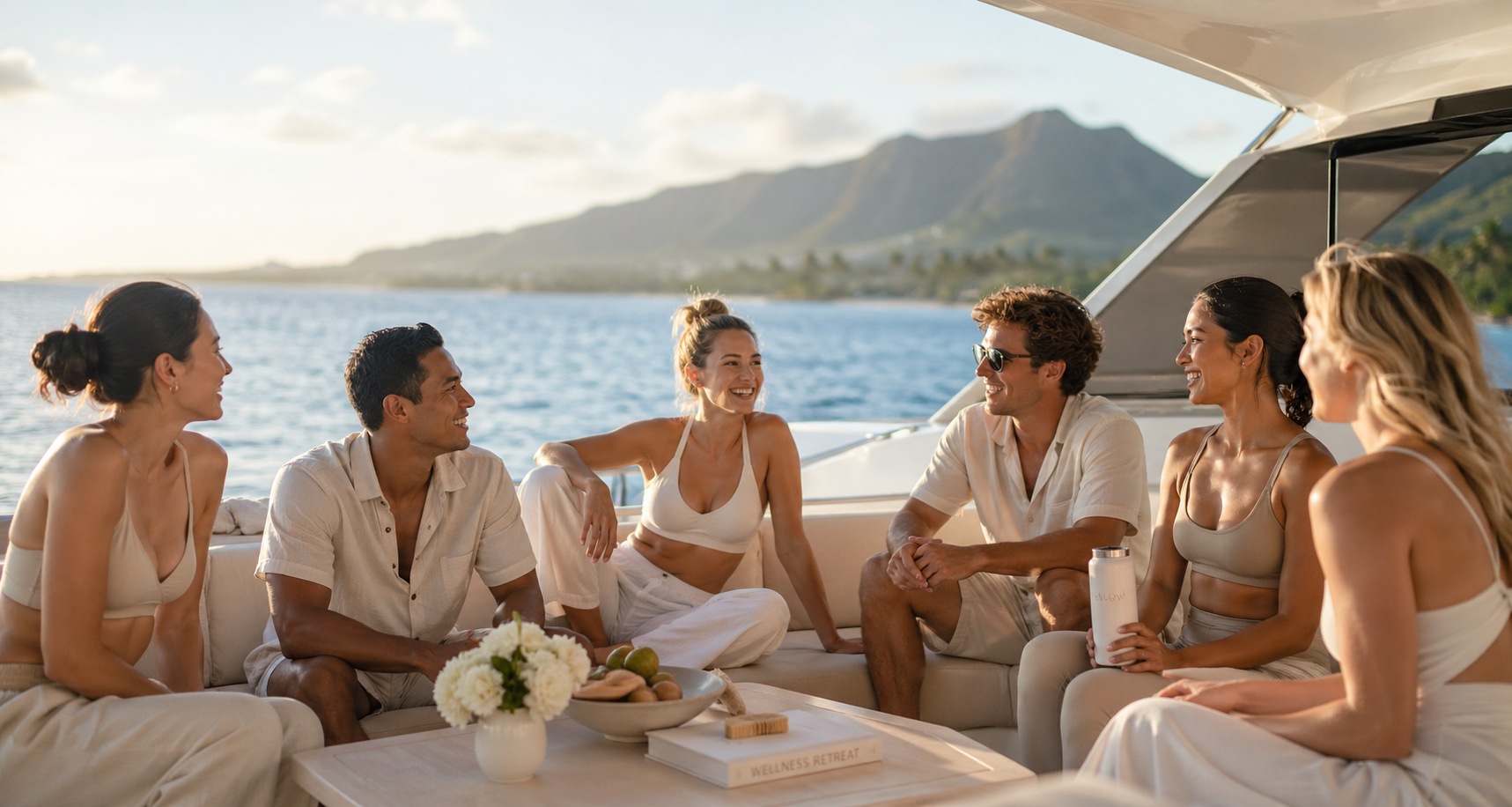 Friends enjoying a luxury mobile IV hydration therapy experience aboard a yacht in Kauai.