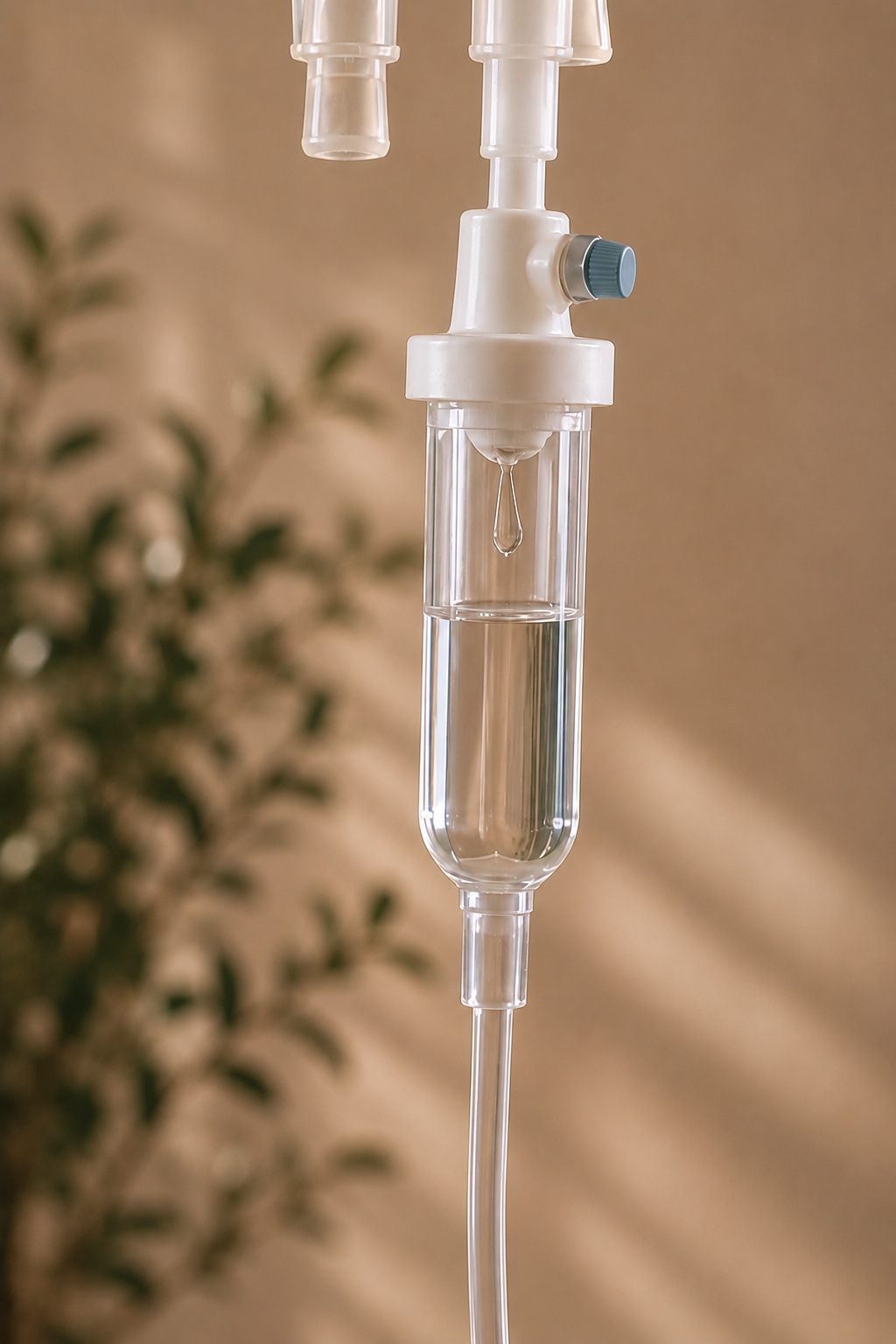 Close-up of an IV drip chamber with hydration fluid during a vitamin infusion treatment