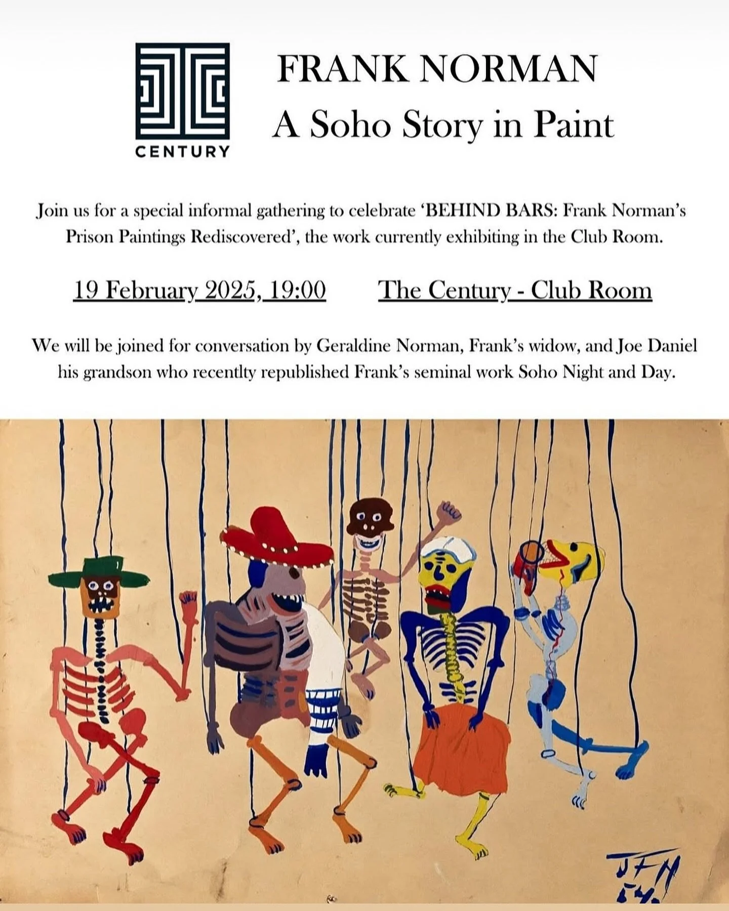 The &lsquo;Behind Bars&rsquo; exhibition of Frank Norman&rsquo;s prison painting continues until 29th March @century_soho . Tomorrow we host a special evening featuring a talk with Frank&rsquo;s widow Geraldine and myself, where you can hear more abo