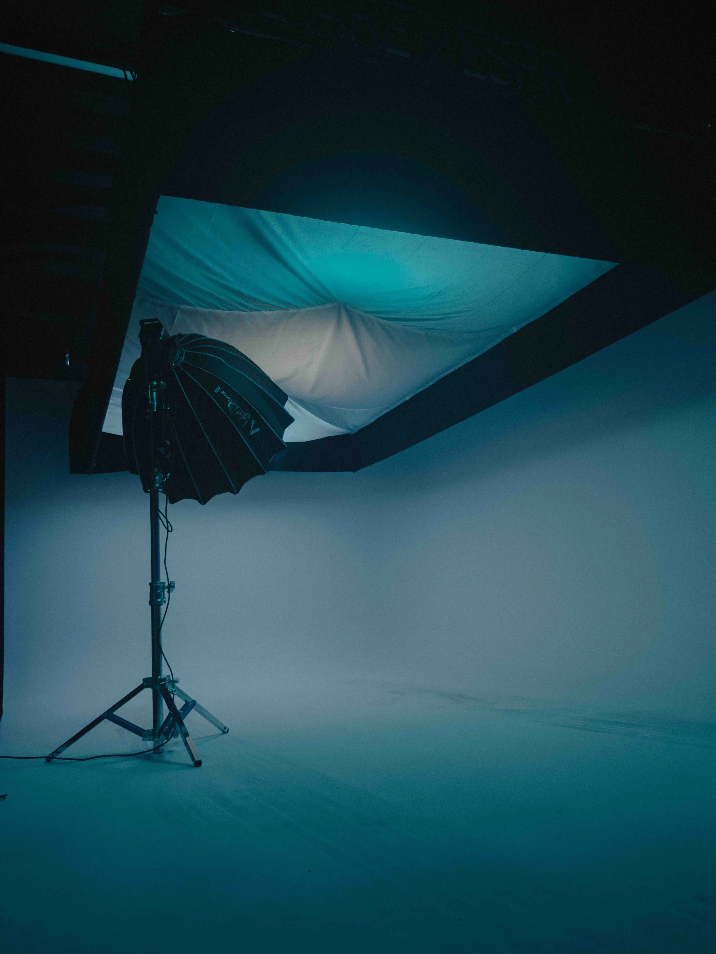 Photography studio setup with a backdrop, softbox, and overhead lighting.