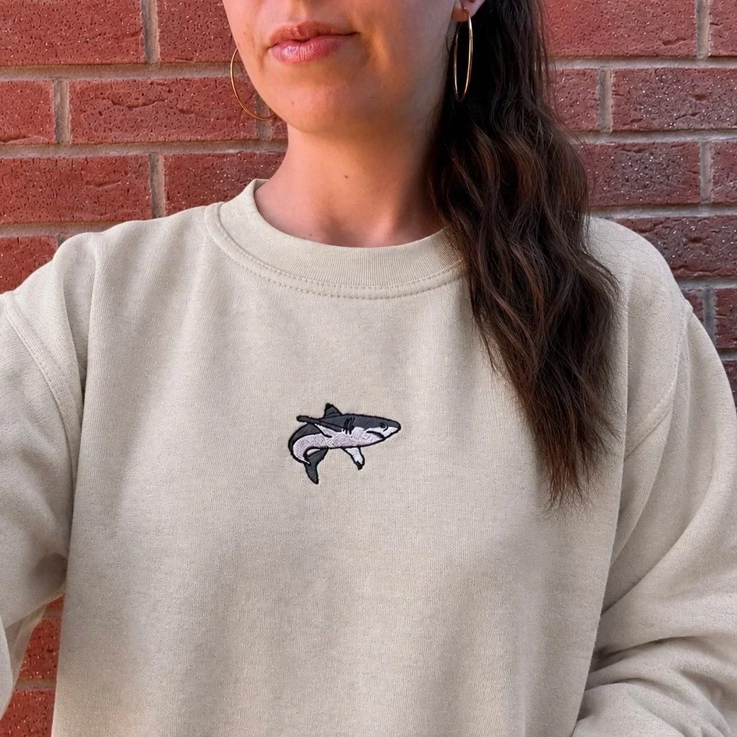 Embroidered Shark Sweatshirt in Stone