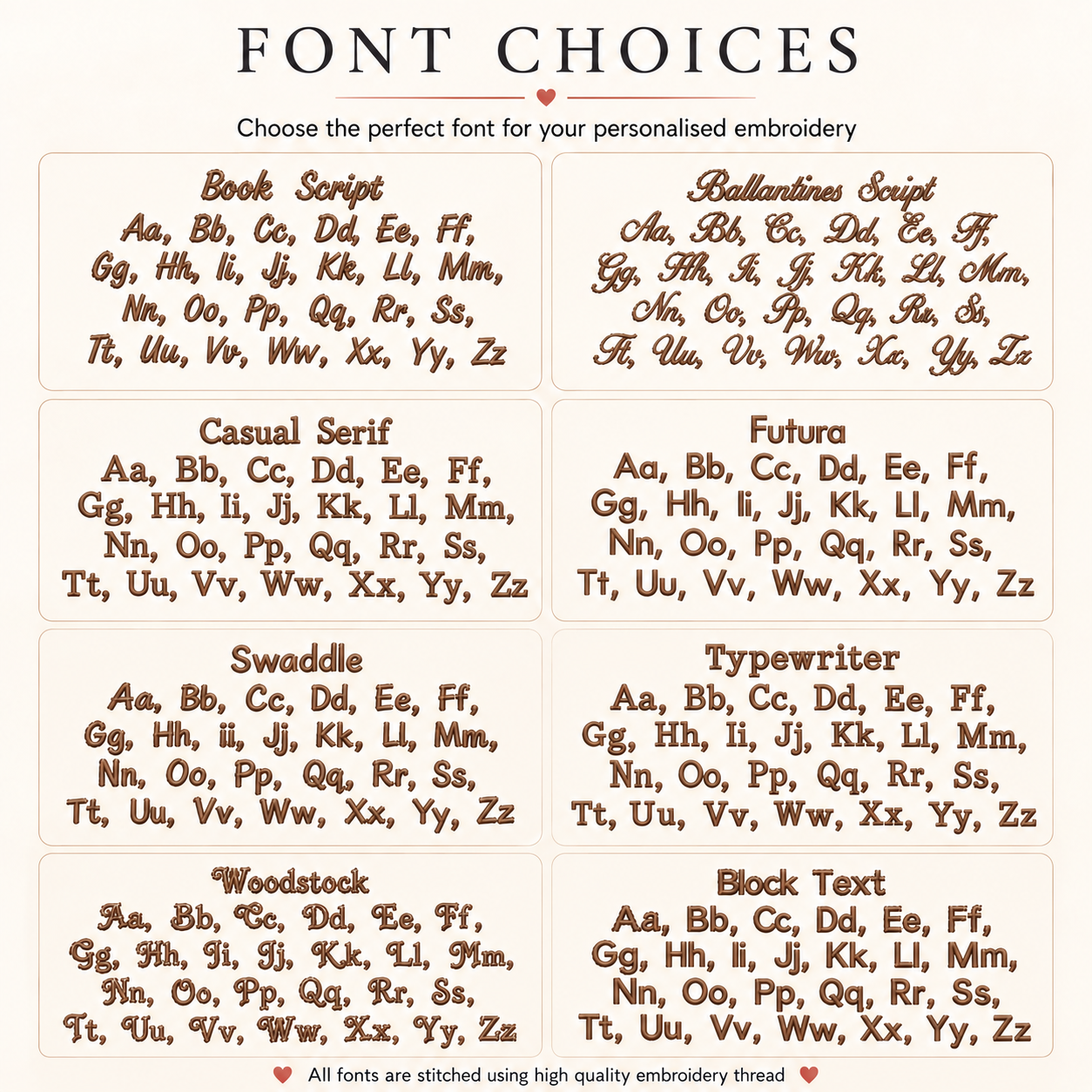 Personalised embroidery font choices including classic, script and handwritten styles
