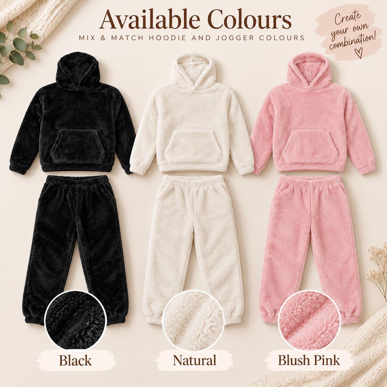 Fluffy fleece hoodie and jogger set colour options in black, natural and blush pink