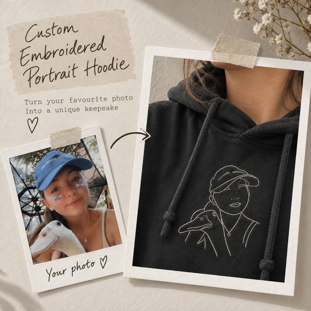 Custom personalised portrait hoodie embroidered from your own photo