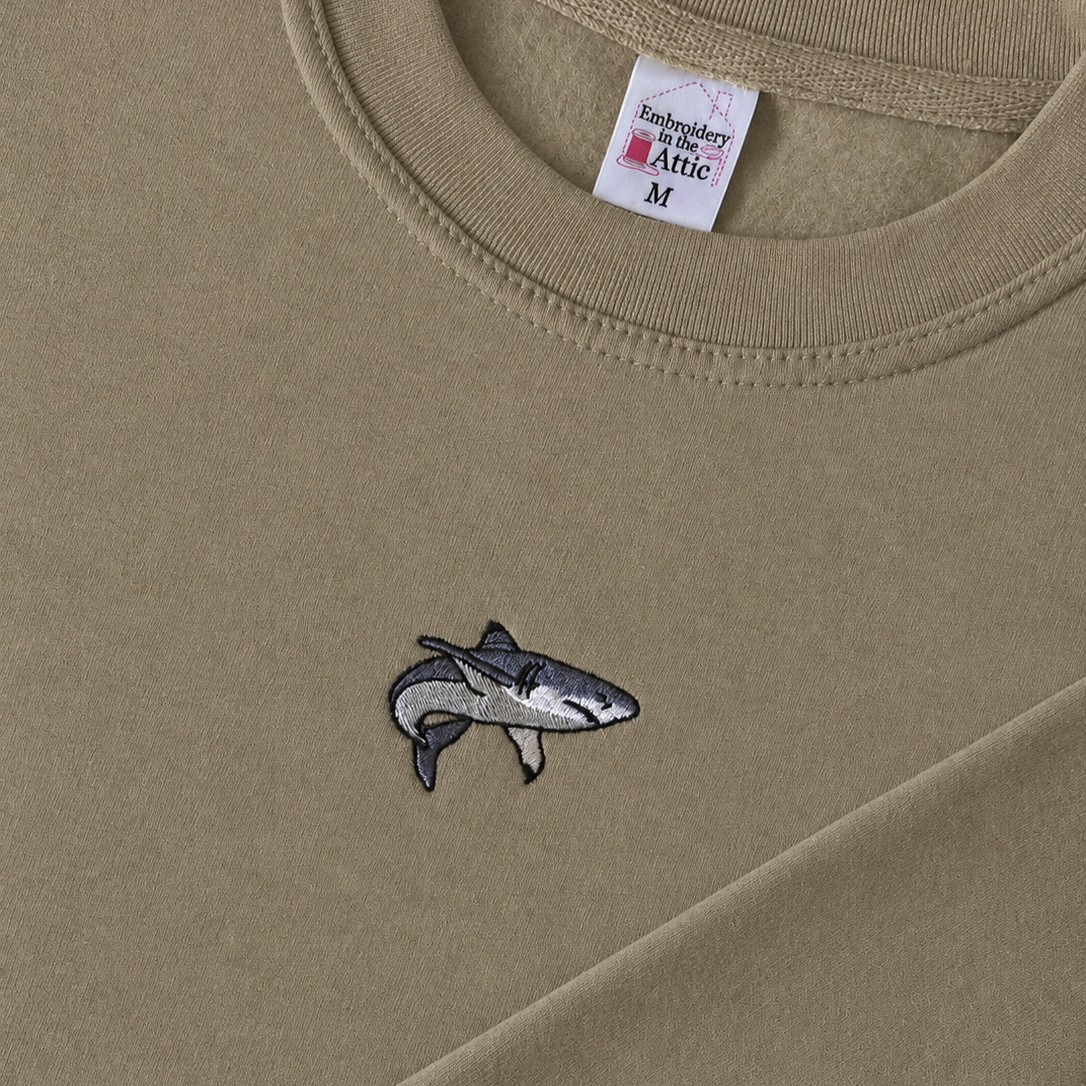 Shark Embroidery Close Up – Khaki Sweatshirt