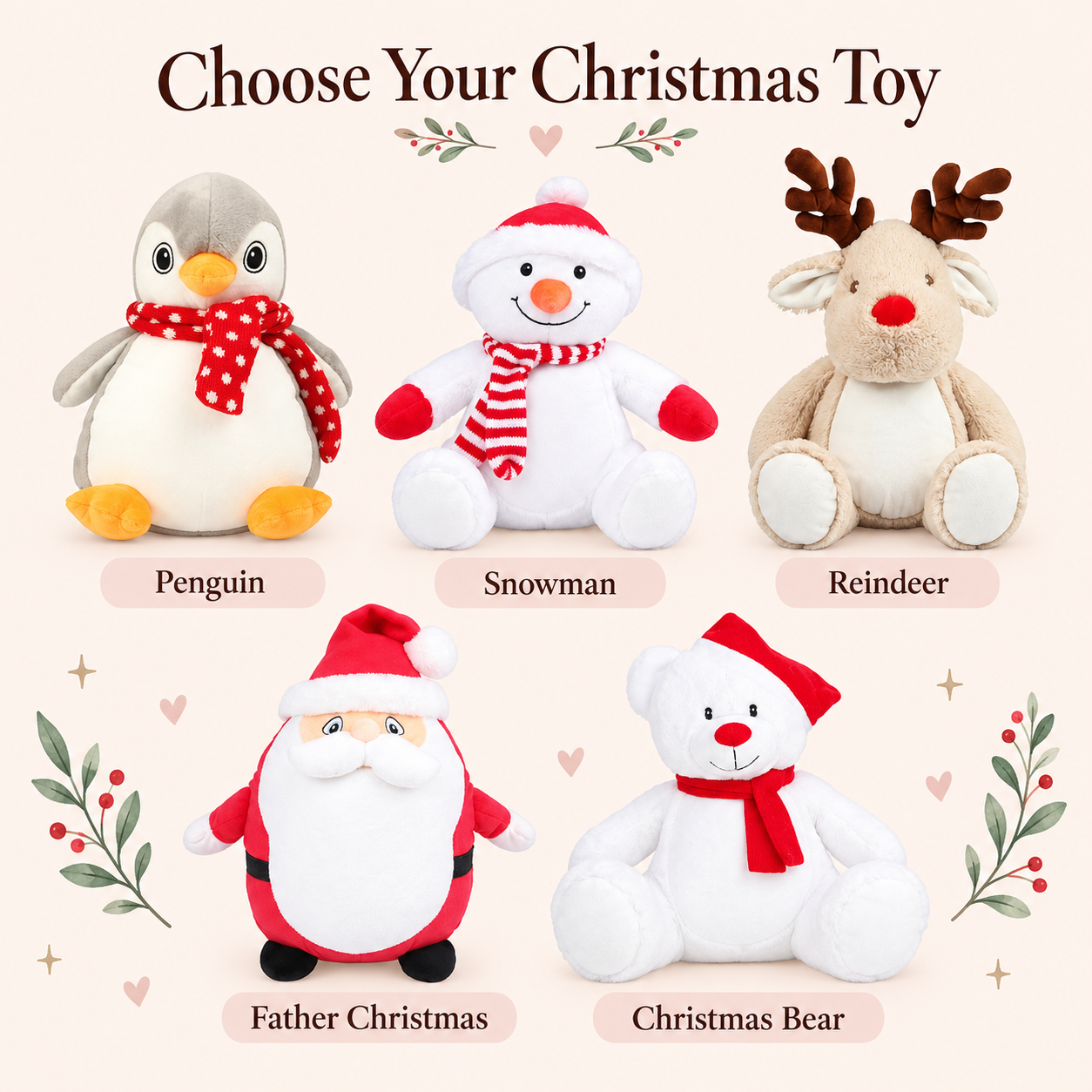 Choice of personalised Christmas soft toys including penguin, snowman, reindeer, Father Christmas and Christmas bear