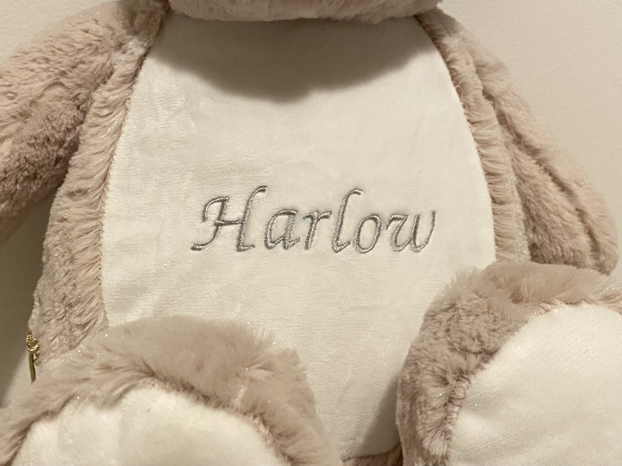 Close-up of personalised name embroidery on a Christmas reindeer soft toy