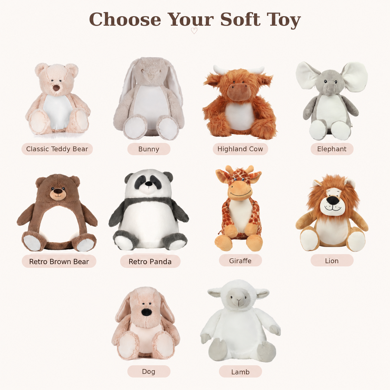 Choice of personalised soft toys including teddy bear, bunny, Highland cow, elephant, panda, giraffe, lion, dog and lamb