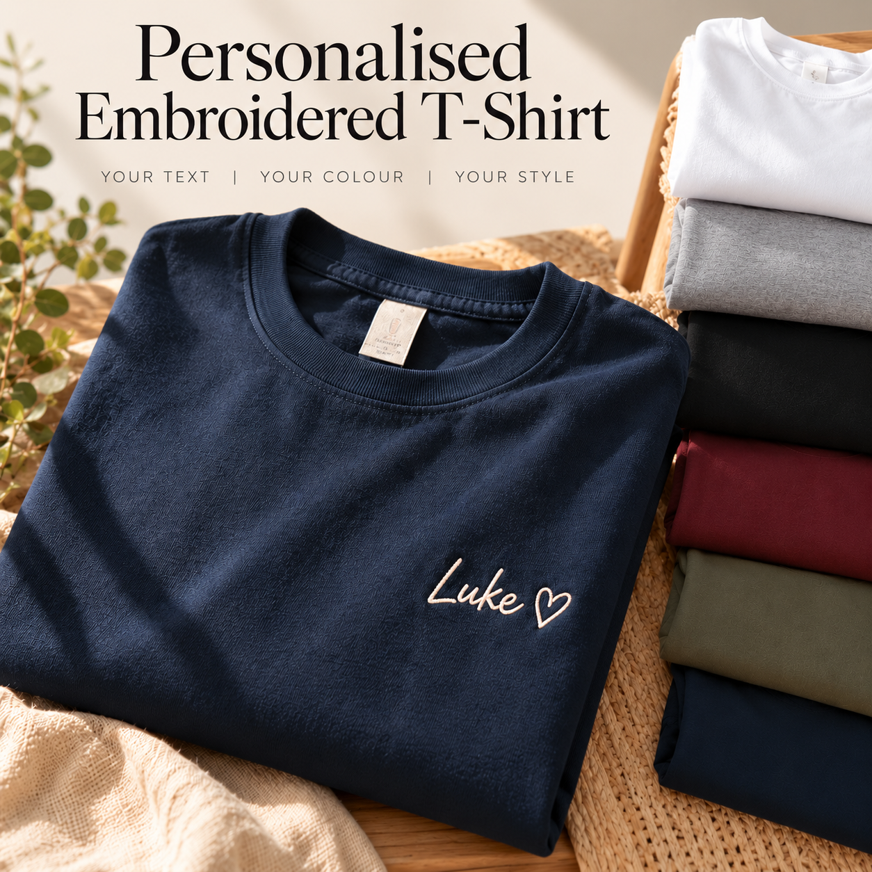 Personalised men's embroidered T-shirt with custom text and a choice of colours, fonts and thread colours