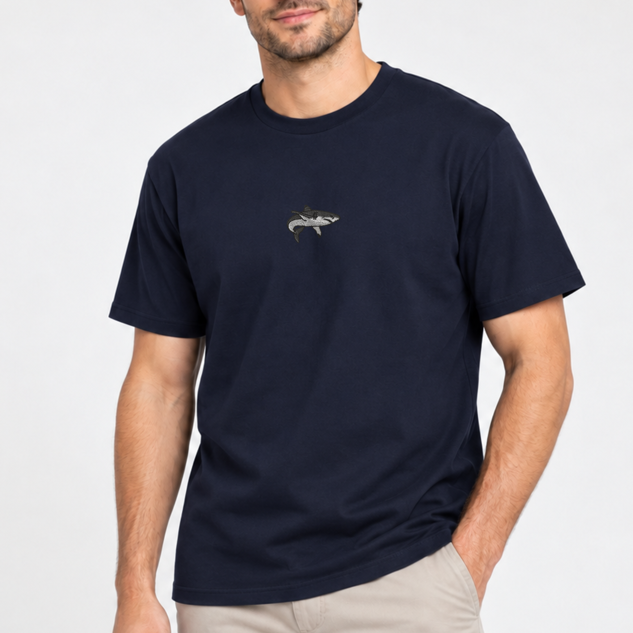 Men’s French navy embroidered shark T-shirt with small shark design on the chest