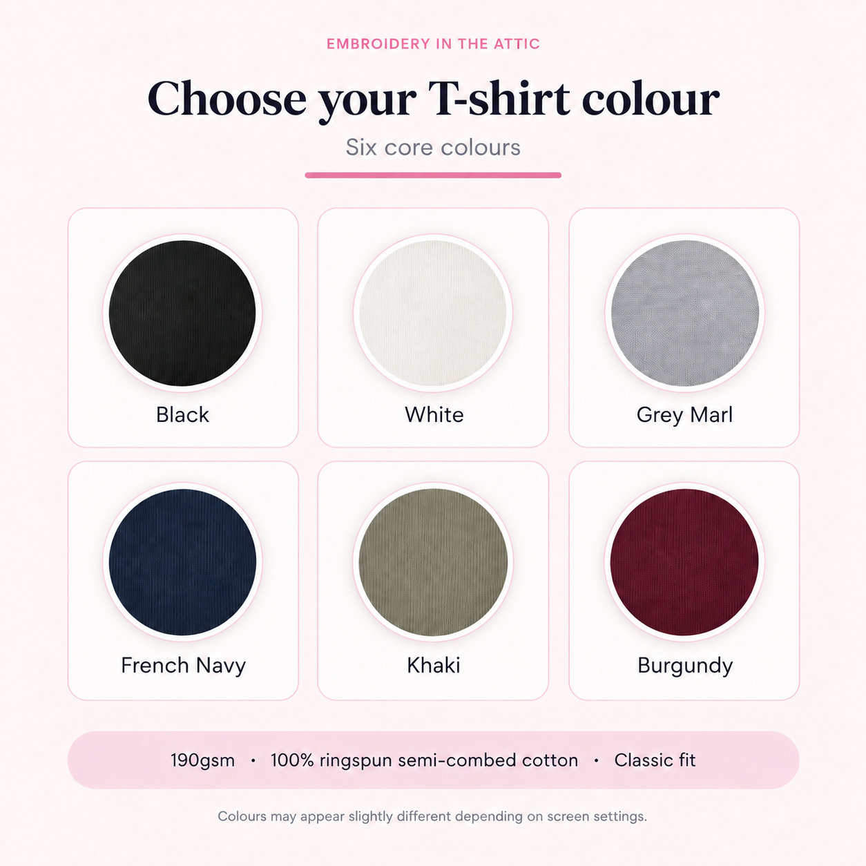 Men’s embroidered T-shirt colour chart showing black, white, grey marl, French navy, khaki and burgundy