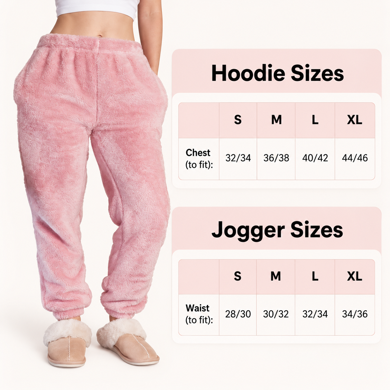 Fluffy fleece hoodie and jogger set size guide for hoodie and jogger sizing
