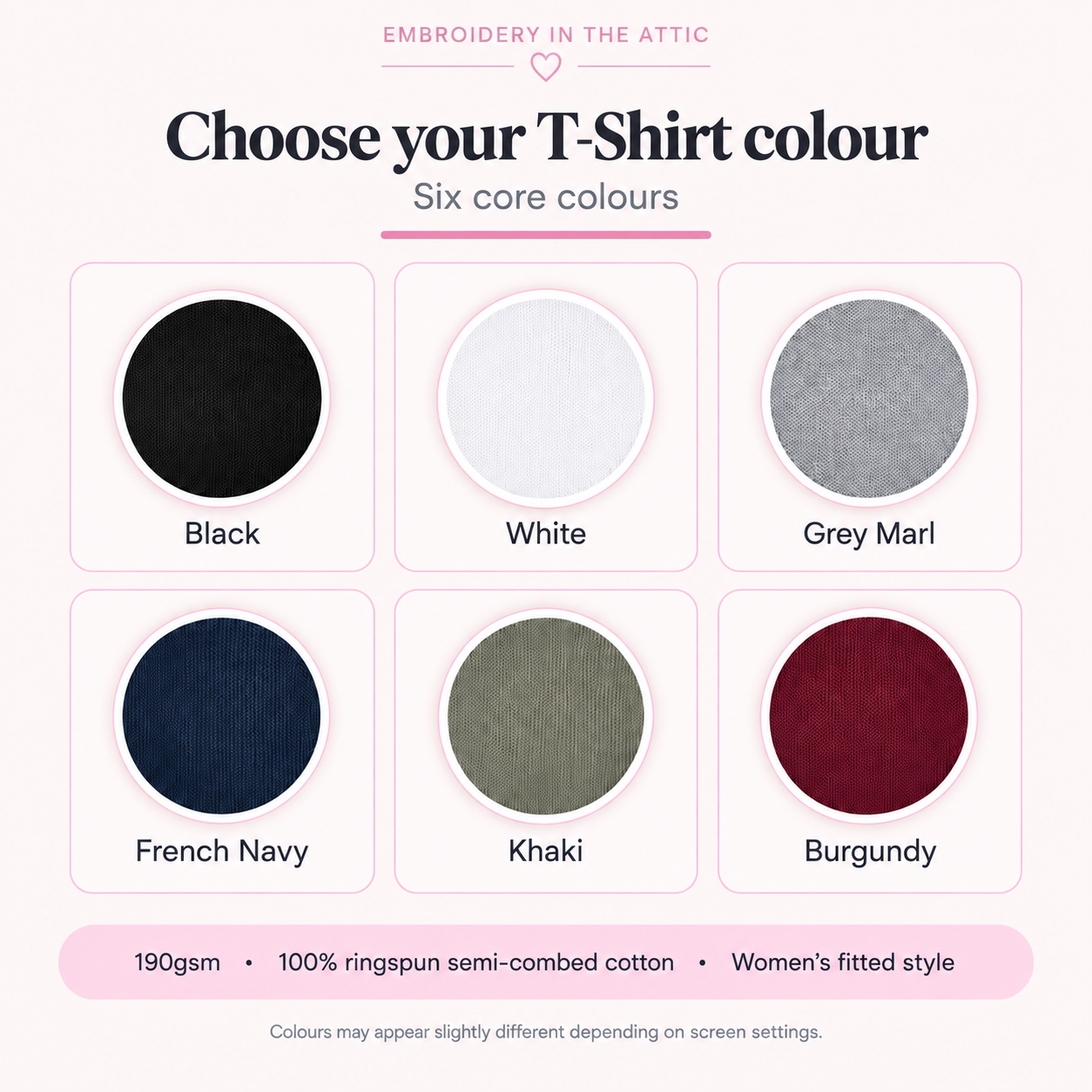 Women’s embroidered T-shirt colour chart showing black, white, grey marl, French navy, khaki and burgundy