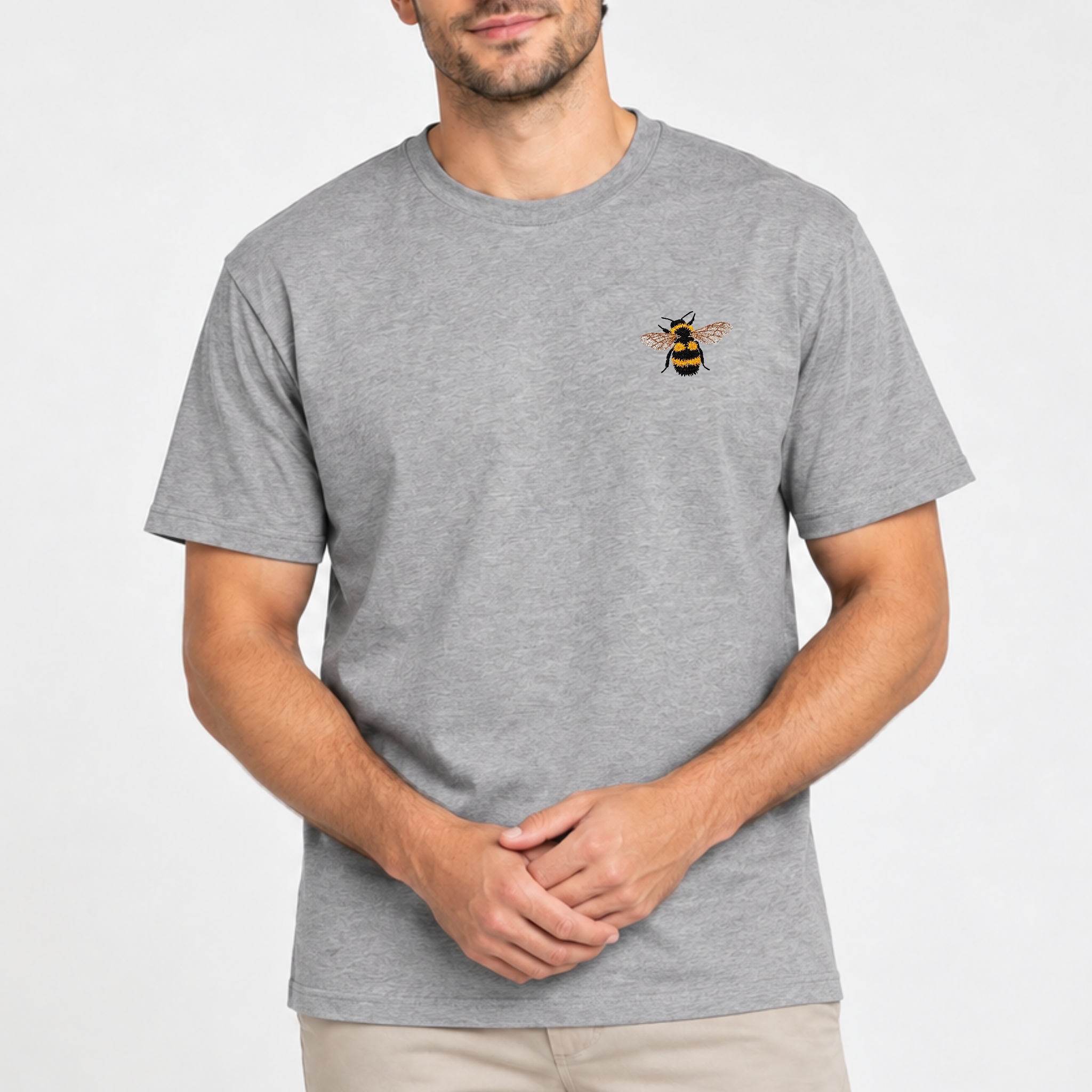 Men’s grey embroidered bee T-shirt with small bee design on the ches