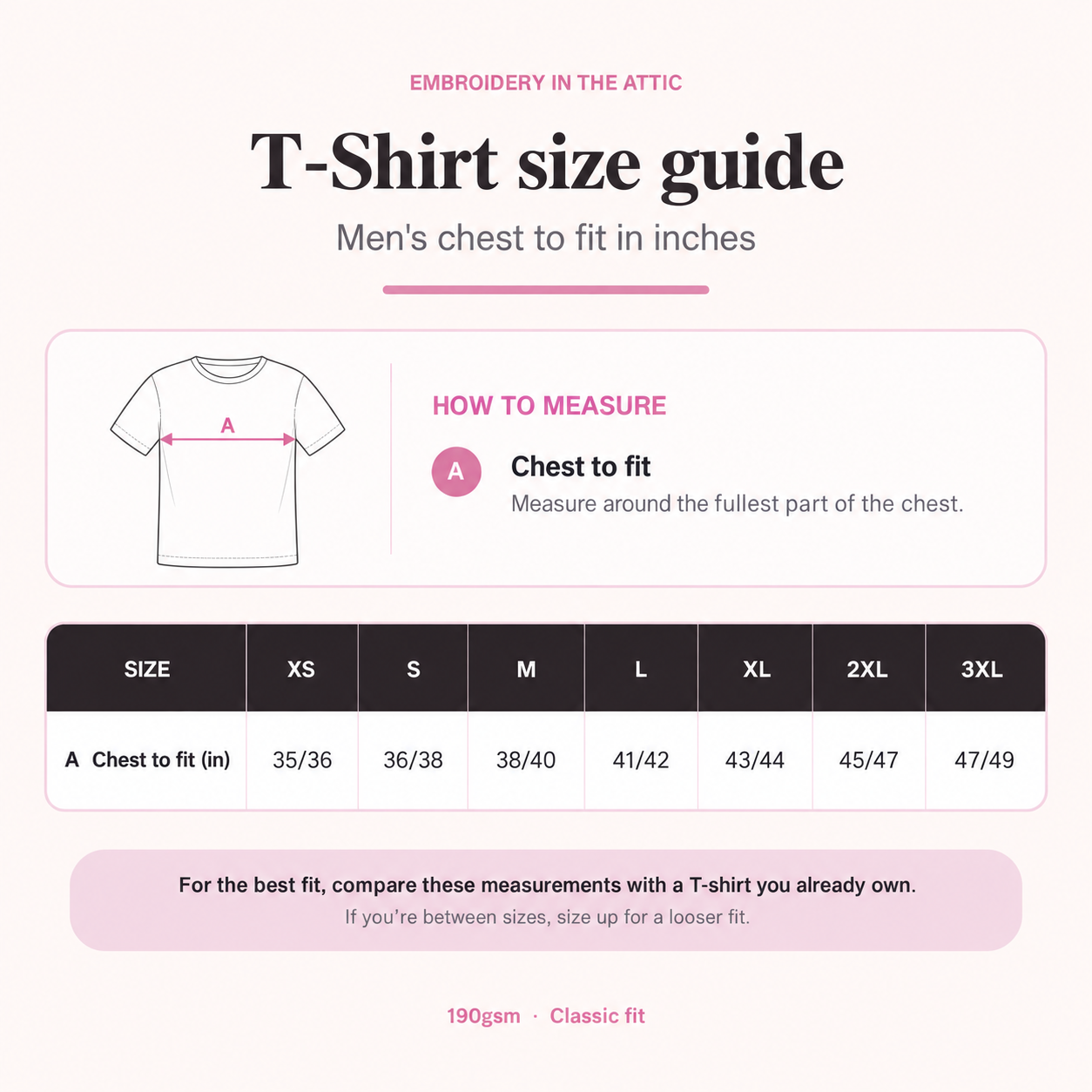 Men’s embroidered T-shirt size guide showing XS to 3XL chest measurements