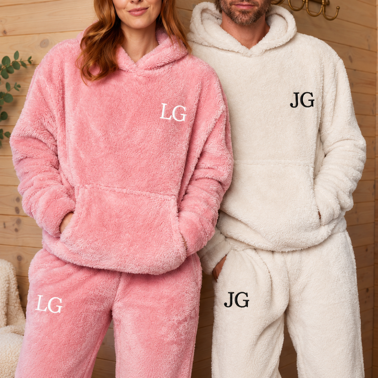 Personalised embroidered fluffy fleece hoodie and jogger set in blush pink and natural