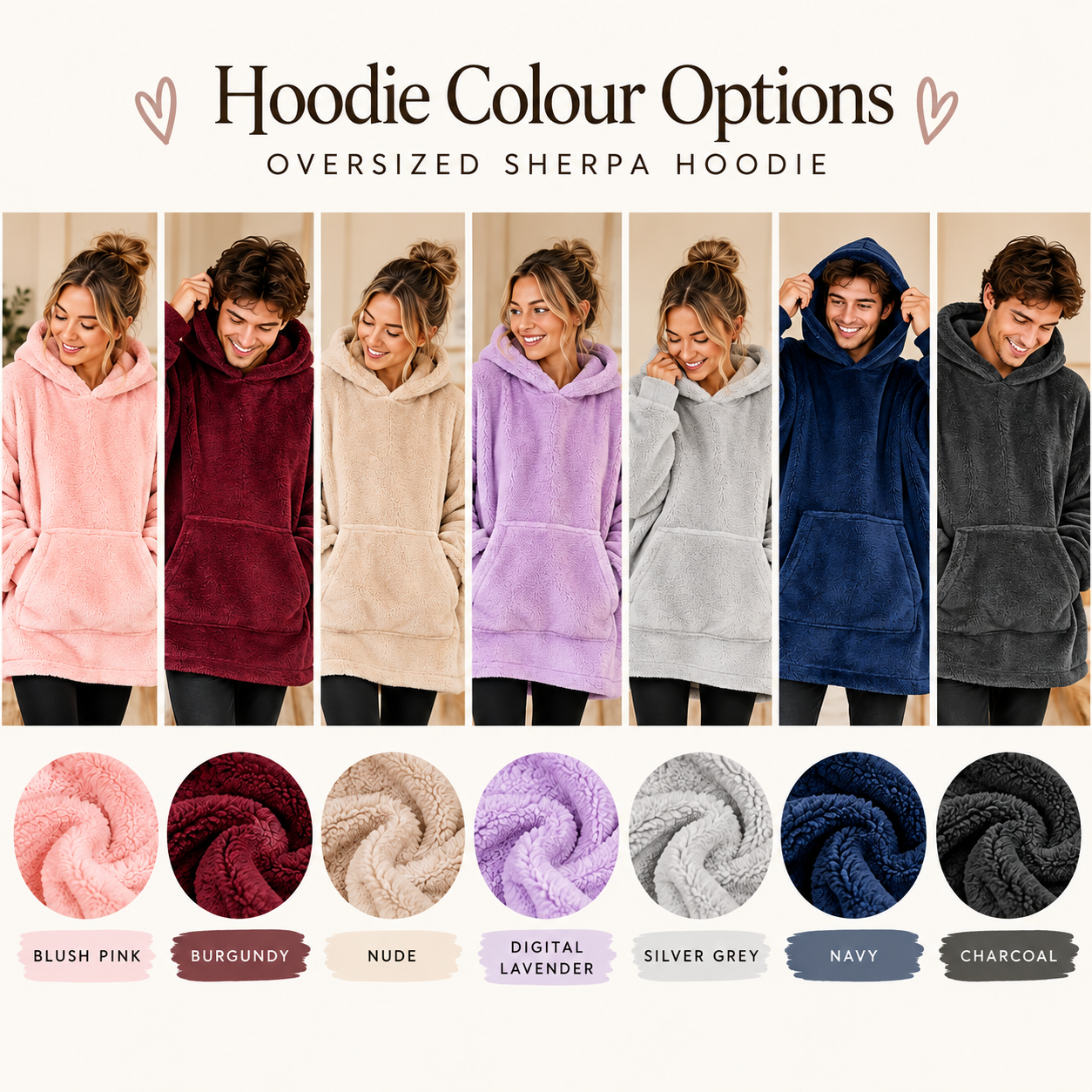 Oversized sherpa hoodie colour options including blush pink, burgundy, nude, lavender, silver grey, navy and charcoal