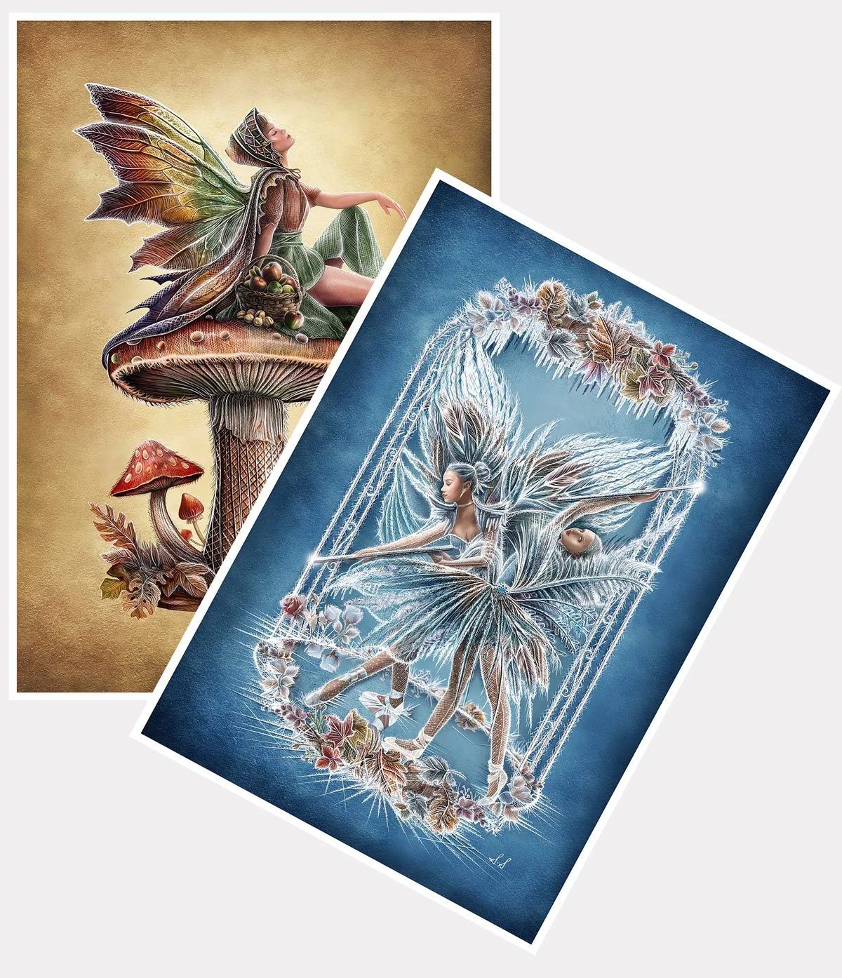 Art prints by Suzanne Strutt artist, one print shows the frost fairies, the other shows Greta.