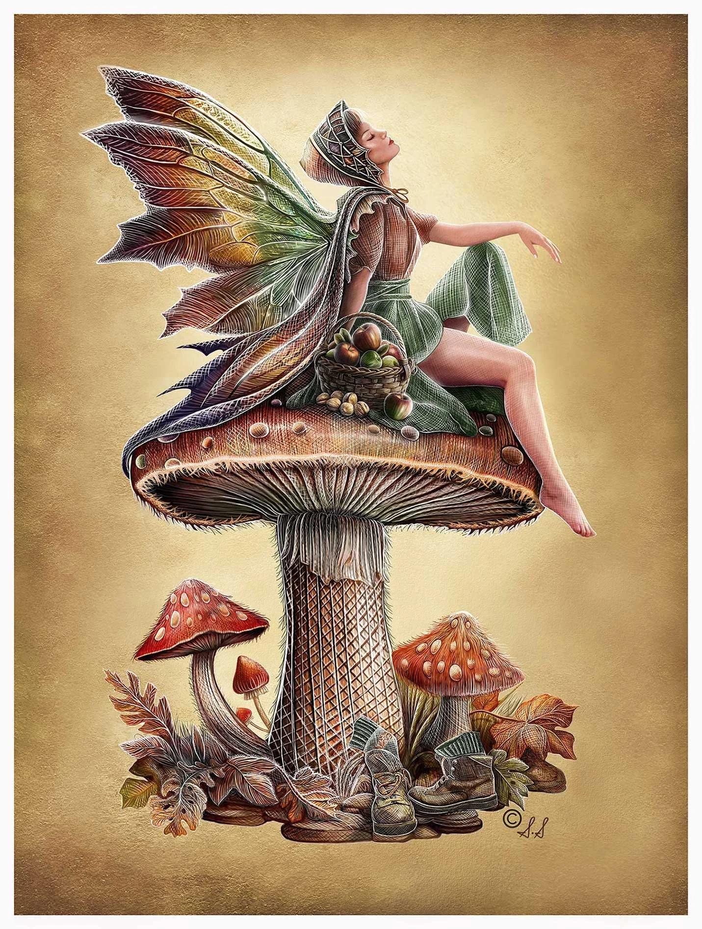 Art Print of 'Greta', the Autumn Fairy, sitting on a giant mushroom.
