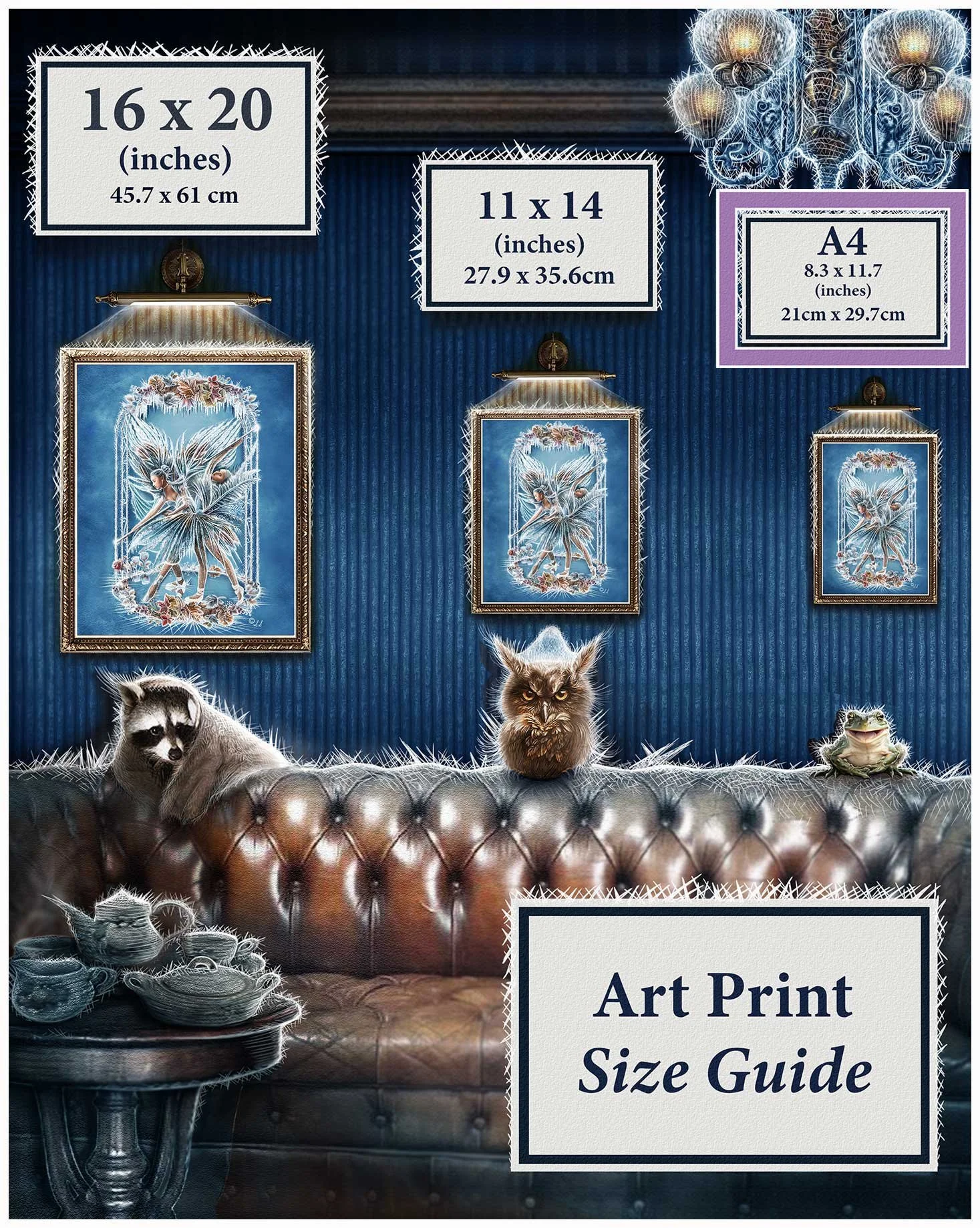 a price chart showing size differences for the Frost Fairies digital download prints.