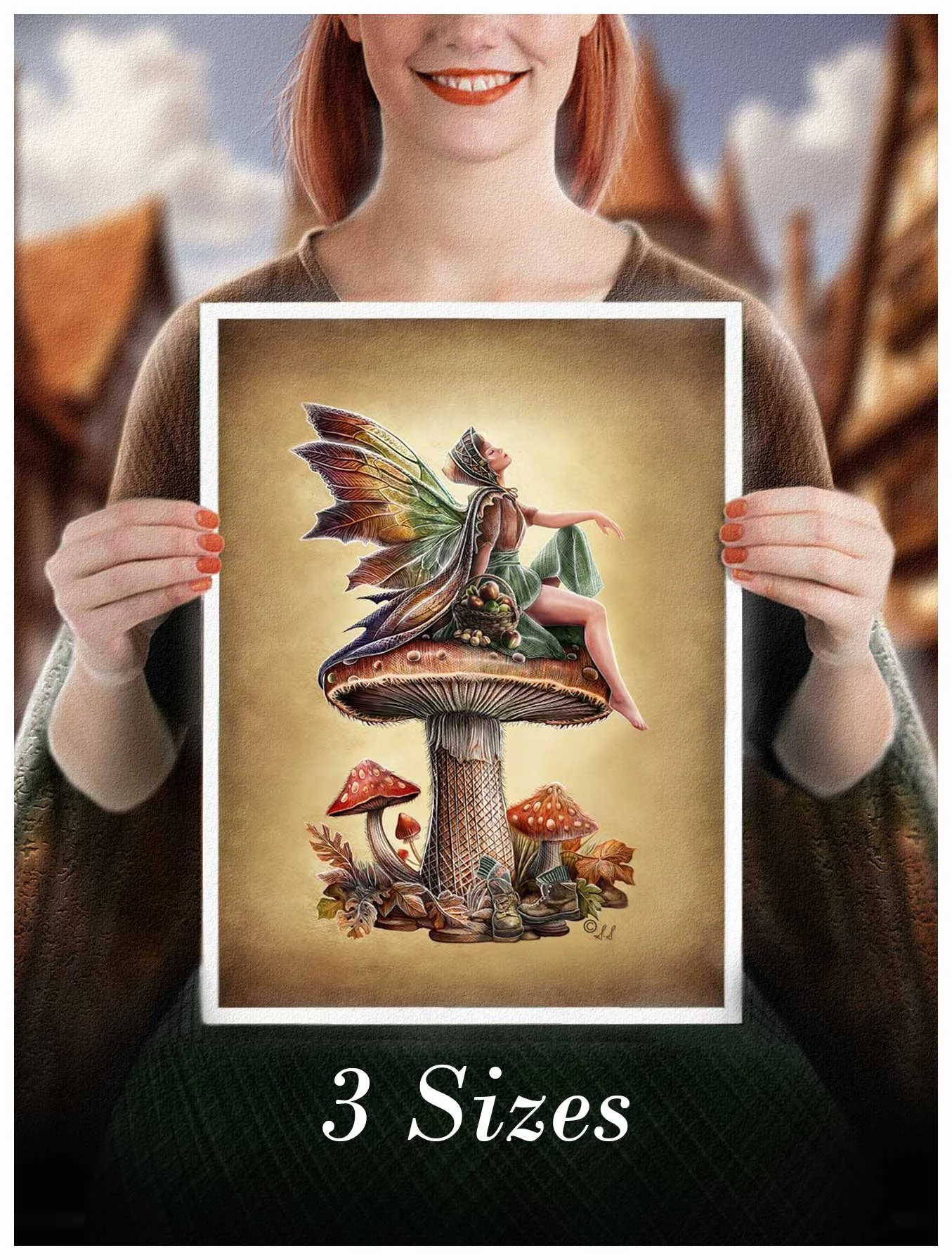 An image of a girl holding a large print of Greta - The Autumn Fairy.
