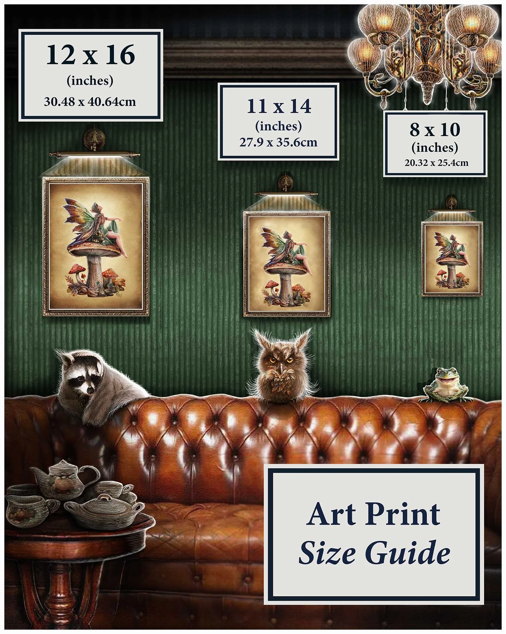 Image of fantasy forest animals being measured against art prints of Greta. Used as a chart for art prints.