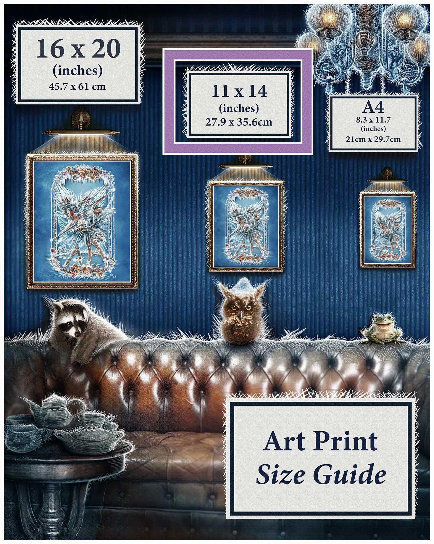 A Mock up image showing a size chart for 'The Frost Fairy' prints. available in small, medium and large.