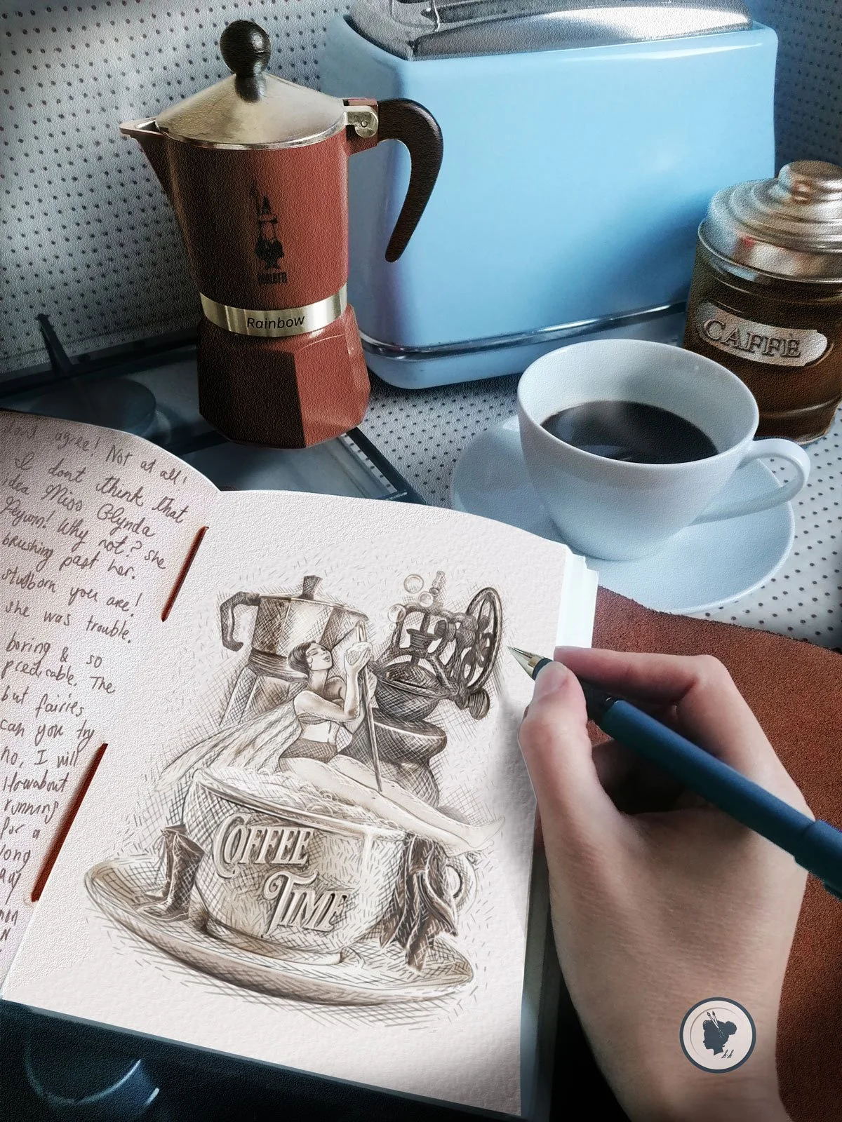 An image of a fairy in a coffee cup.