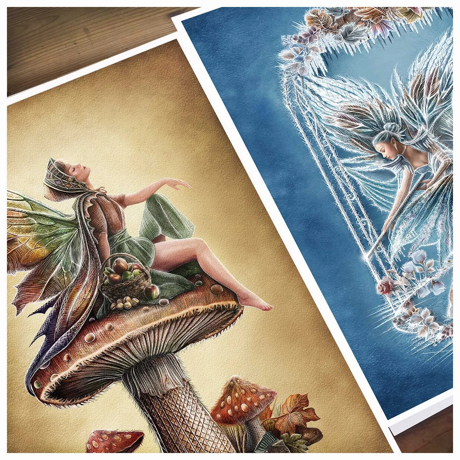 An example of fantasy art prints, including 'The frost Fairies' and 'Greta'.