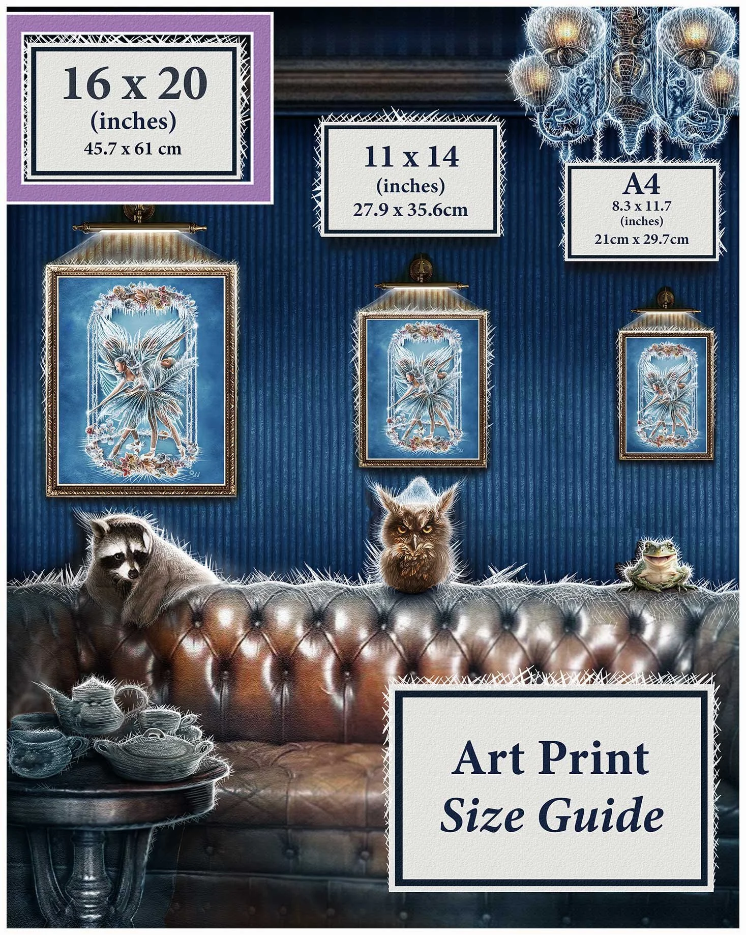 A mock up image showing the different sizes for digital download prints of 'The Frost Fairies.