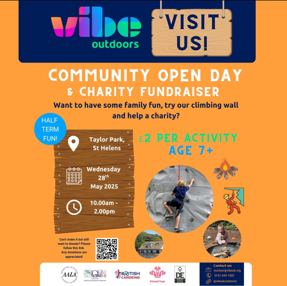 Half term fun at #VibeOutdoors!!! Come and have a go of our amazing new climbing wall and donate to charity at the same time&hellip;. 🙌🧗

📍Taylor Park Boathouse
⏰ 10am-2pm 

@vibeukorg #Vibe #VibeOutdoors #openday #community #taylorpark #sthelens 