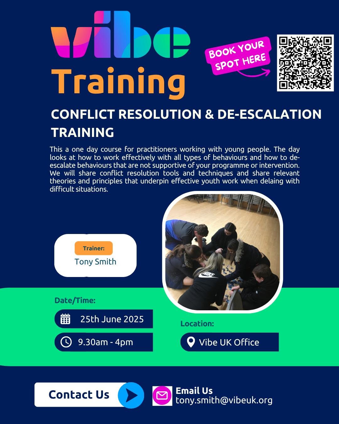 🧠💥 Got the skills to calm the storm?

Join our next Vibe UK training course: Conflict Resolution &amp; De-escalation 💬
Learn how to:
⚡ Handle tricky situations calmly
🧩 Understand what&rsquo;s really going on beneath the surface
🤝 Support young 