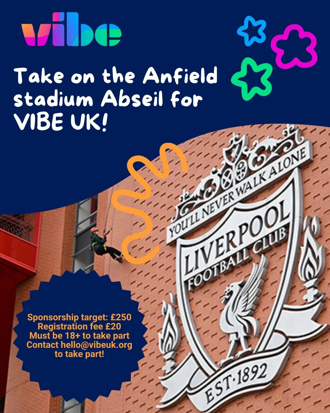 Take on a once-in-a-lifetime challenge and abseil down the legendary Anfield Stadium, home of Liverpool FC, all while supporting us to provide youth work support to young people across the Liverpool city region.
Whether you’re a proud Red, a d
