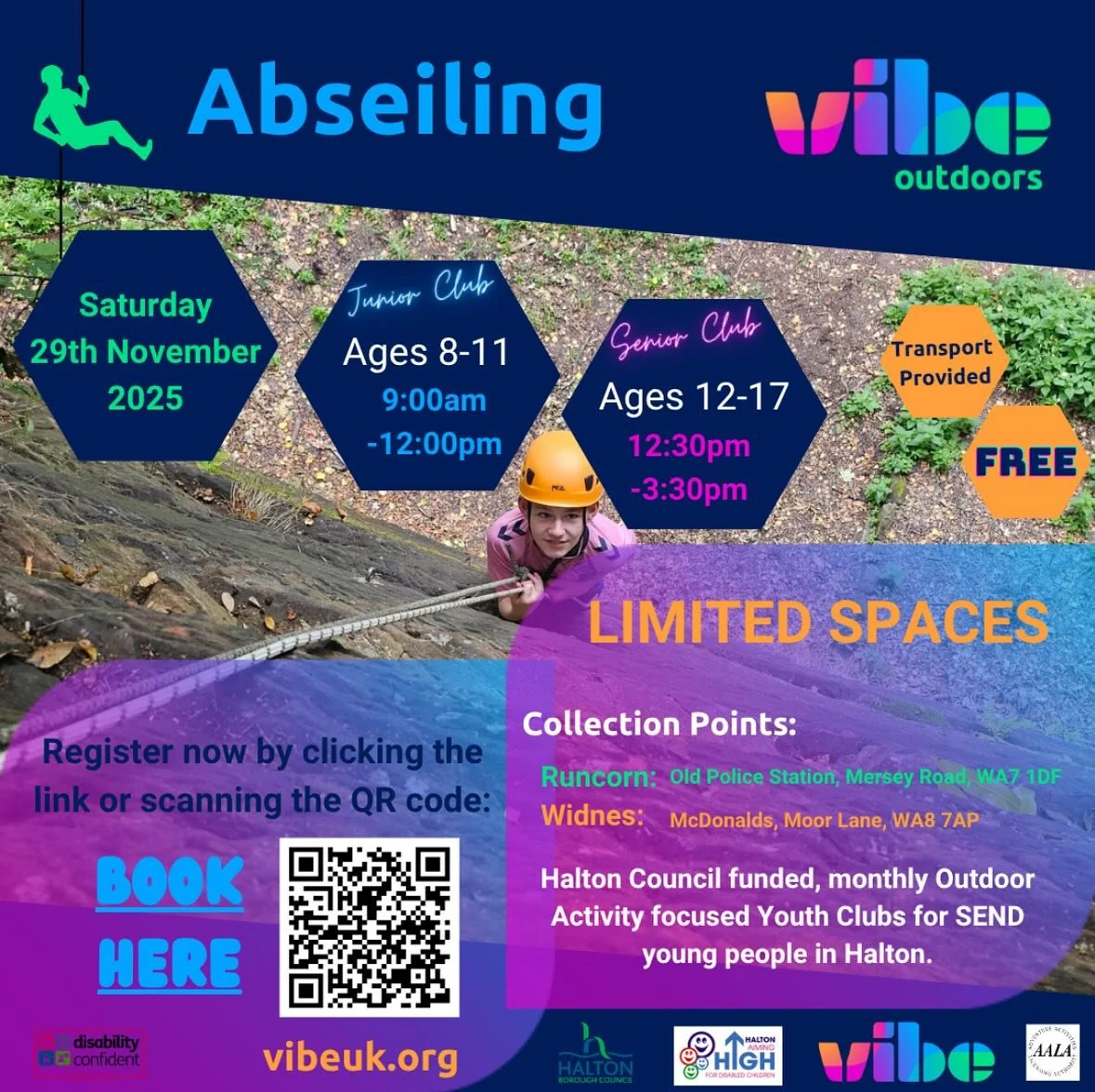 Our next Halton Short Breaks Outdoors session is taking place on Saturday 29th November and features abseiling 🧗
 
To book your place follow: https://www.eventbrite.co.uk/o/77664058323
(link in bio)

This is only available for SEND young people aged