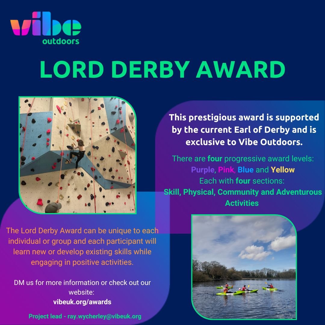 The Lord Derby Award is a fantastic opportunity for young people to try new activities, build confidence, develop teamwork skill and much more. For more information please contact ray.wycherley@vibeuk.org
@VibeUKOrg #LordDerbyAward #Achieve