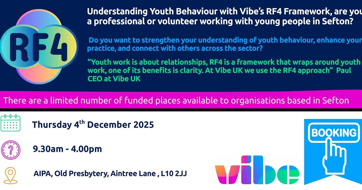 📣 Sefton professionals &amp; volunteers &mdash; we&rsquo;ve got training spaces available!
Our first ever Sefton offer of Understanding Youth Behaviour with Vibe&rsquo;s RF4 Framework is happening on Thursday 4th December 2025, and a limited number 