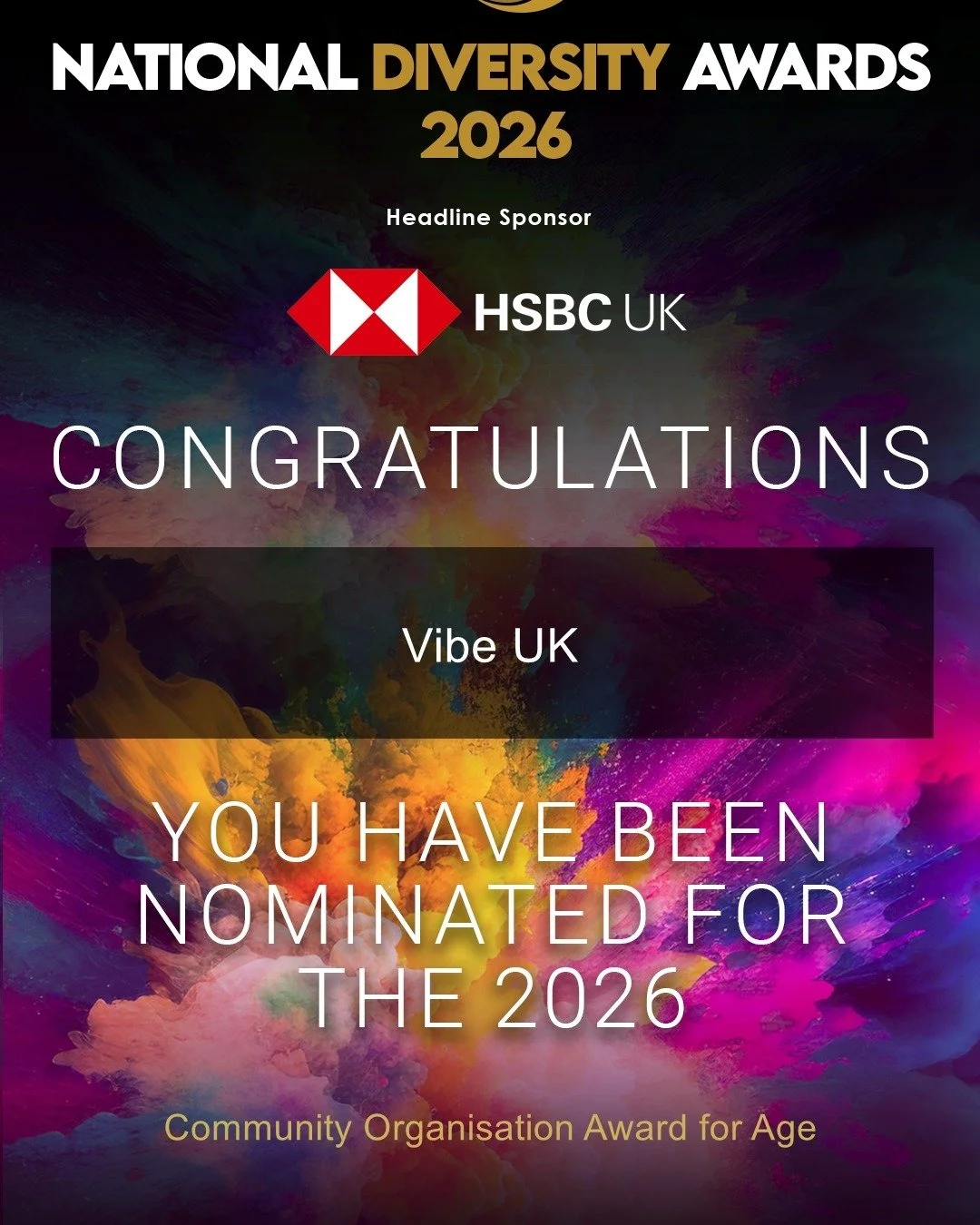 We&rsquo;re incredibly proud to share that Vibe UK has been nominated for the 2026 National Diversity Awards 2026 in the Community Organisation Award for Age category 🎉

This nomination celebrates the work taking place across our youth programmes, S