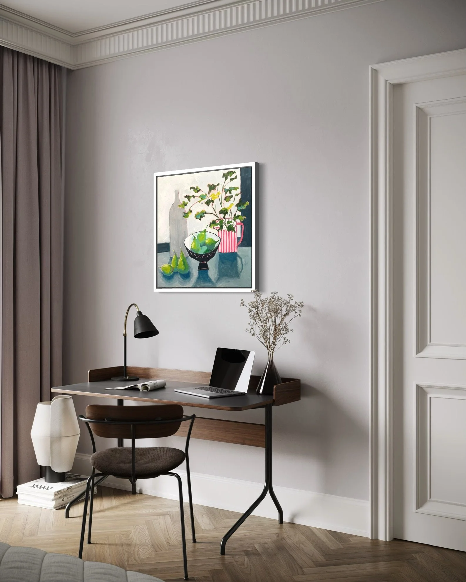 Colourful still life painting in a contemporary setting with desk and chair