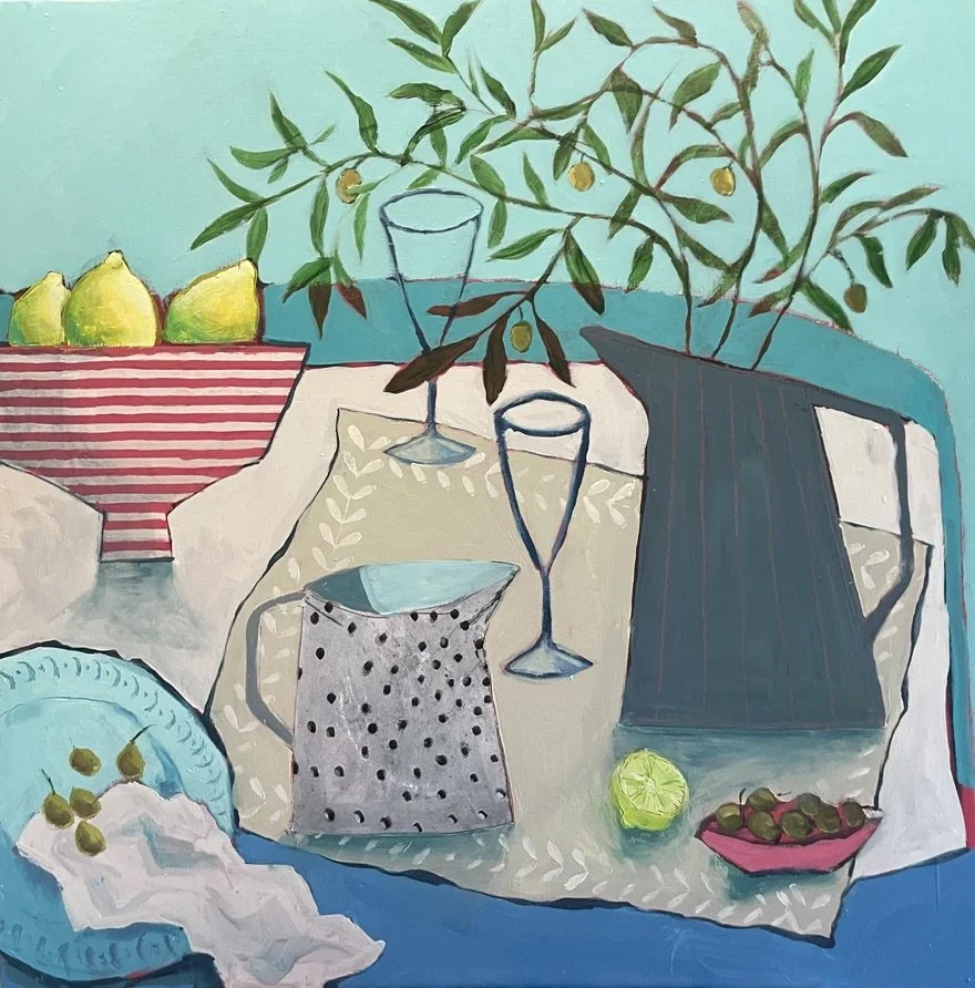 A beautiful and colourful painting of a still life with olive branch, lemons and a carafe of wine, this has a distinct mediterranean feel