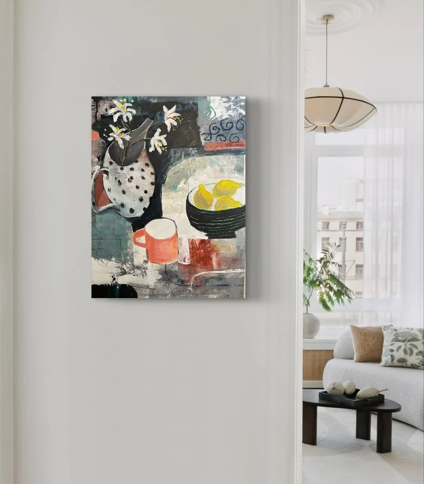 Painting of a jug of flowers on an abstract background, shown hanging on a wall