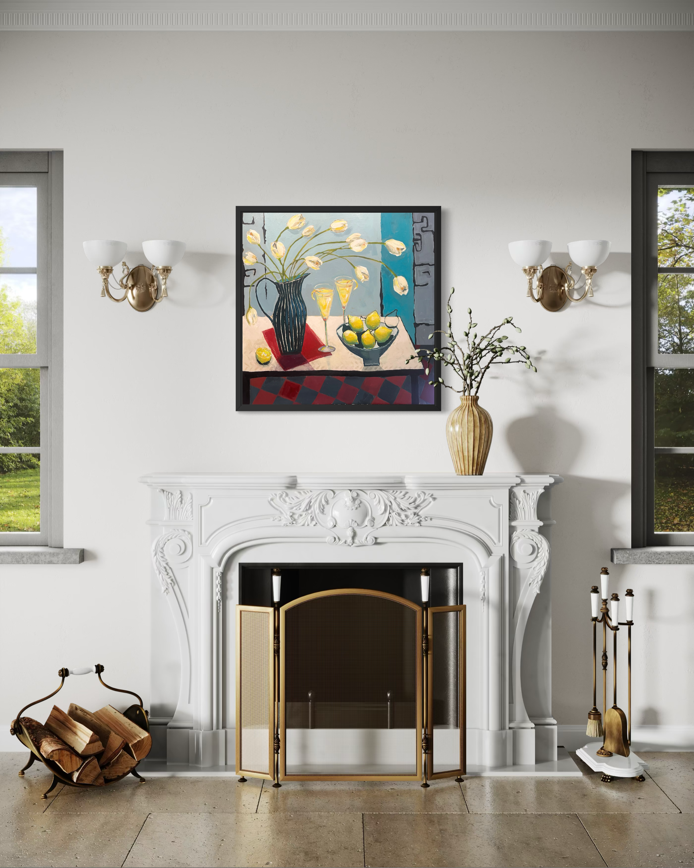 A statement painting of tulips and lemons, framed in a sleek black float frame and hanging above a traditional style fireplace