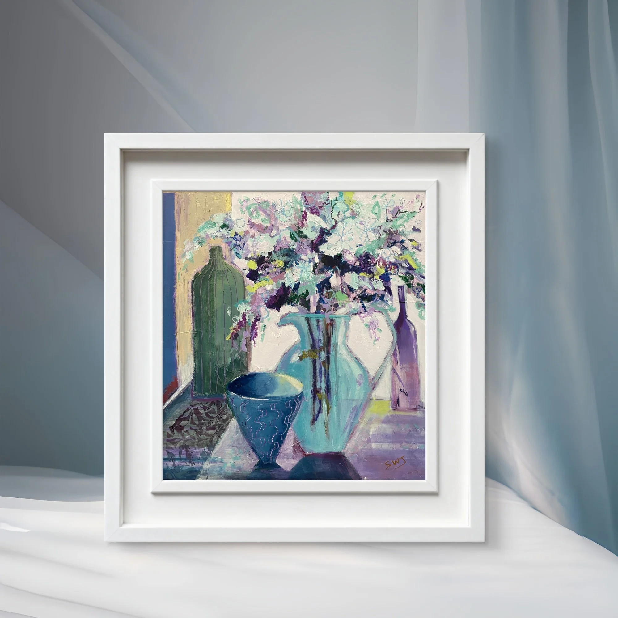 A framed image of a turquoise and amethyst still life painting by Shani Wray-Jenkins